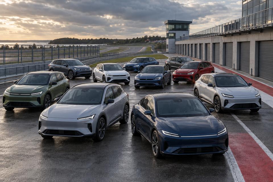 Et felt af forskellige nye biler parkeret ved en nordisk testbane