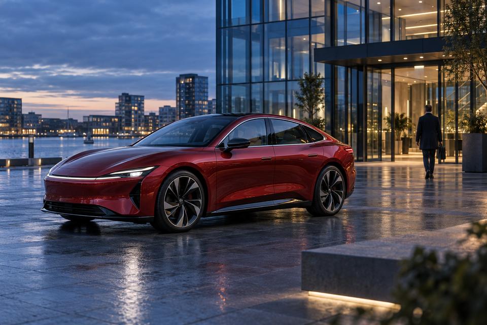 Rød elektrisk sedan foran en moderne nordisk kontorbygning