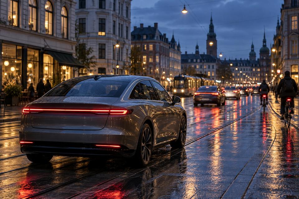Biltrafik og cyklister på en europæisk bygade i skumringen