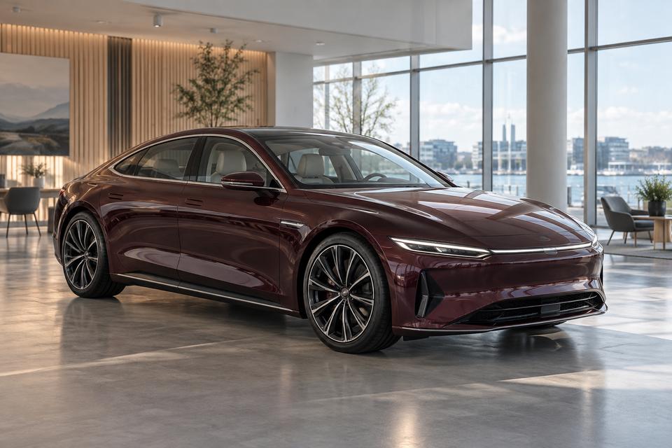 Mørkerød elektrisk sedan i et lyst bilhus