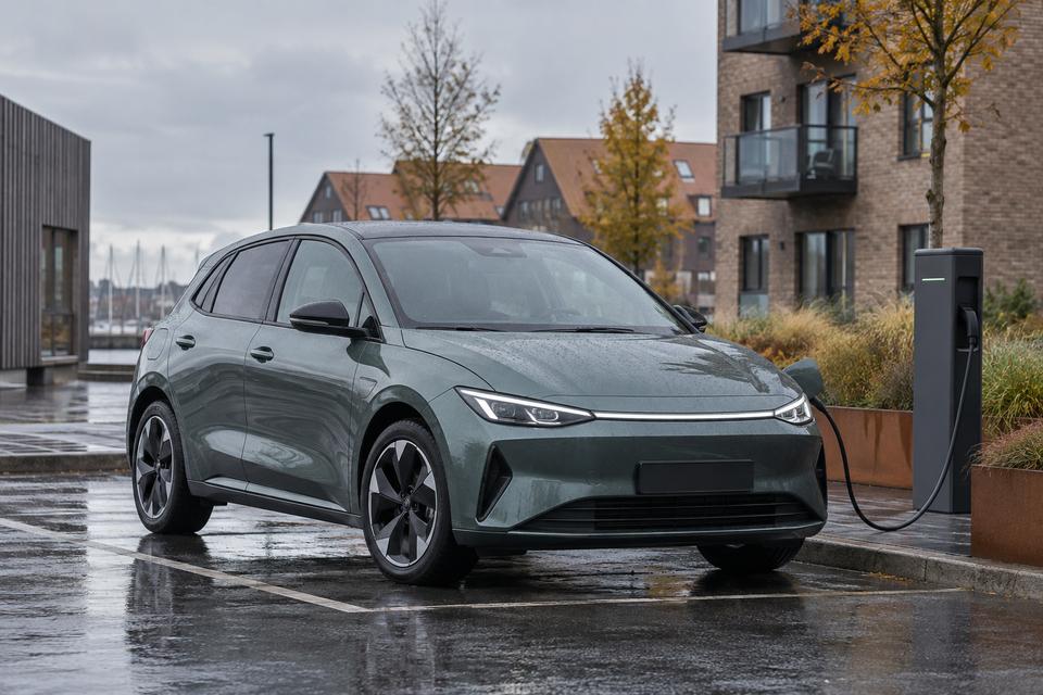 Kompakt elektrisk hatchback ved en ladestander i et dansk bymiljø