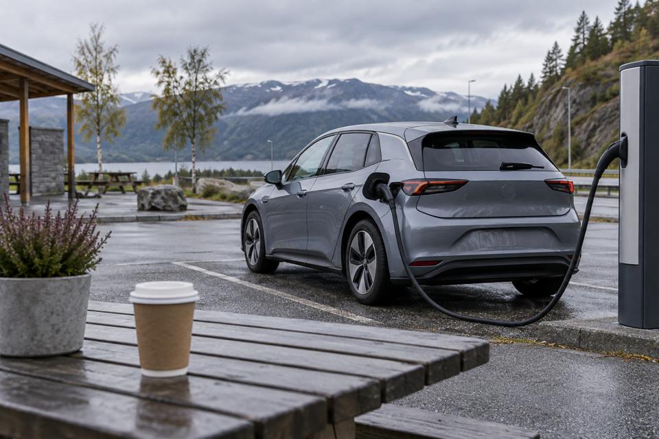 Elbil ved lader på en rasteplads med kaffekop i forgrunden