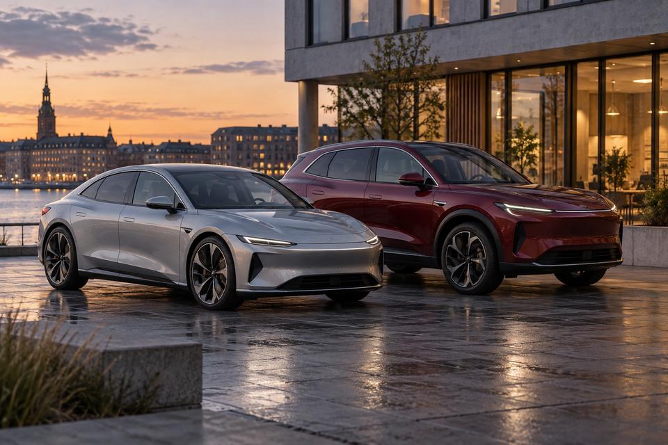 En lav elbil og en højere SUV parkeret ved en bygning