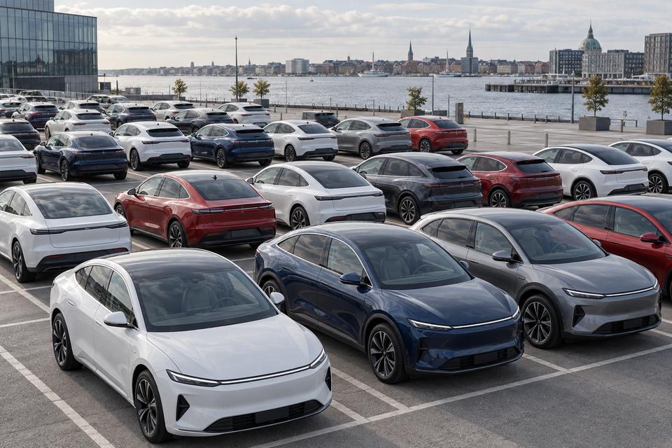 Mange elbiler parkeret på en stor plads ved en dansk havnefront