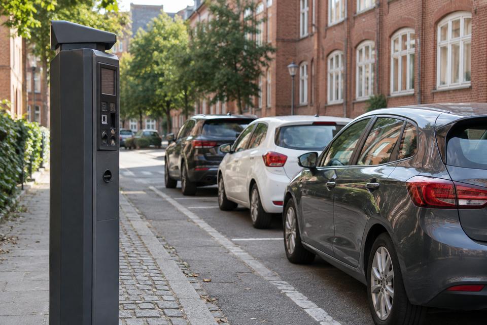 Parkeringsautomat foran parkerede biler og røde murstensbygninger