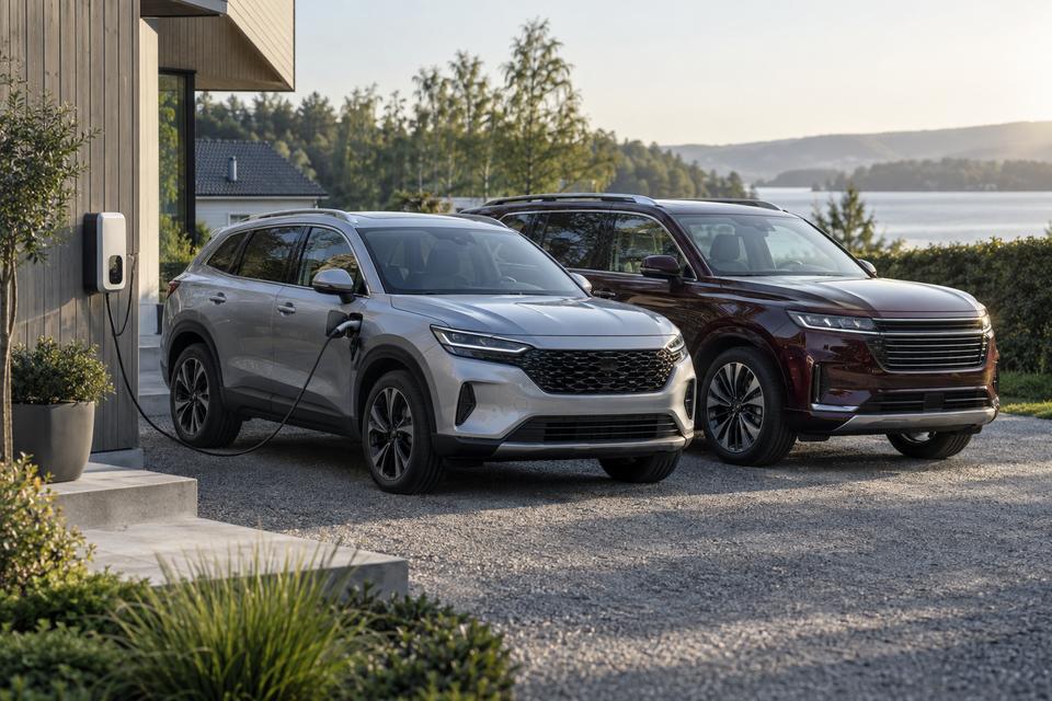 To moderne SUV-modeller ved en hjemmelader i et nordisk boligområde