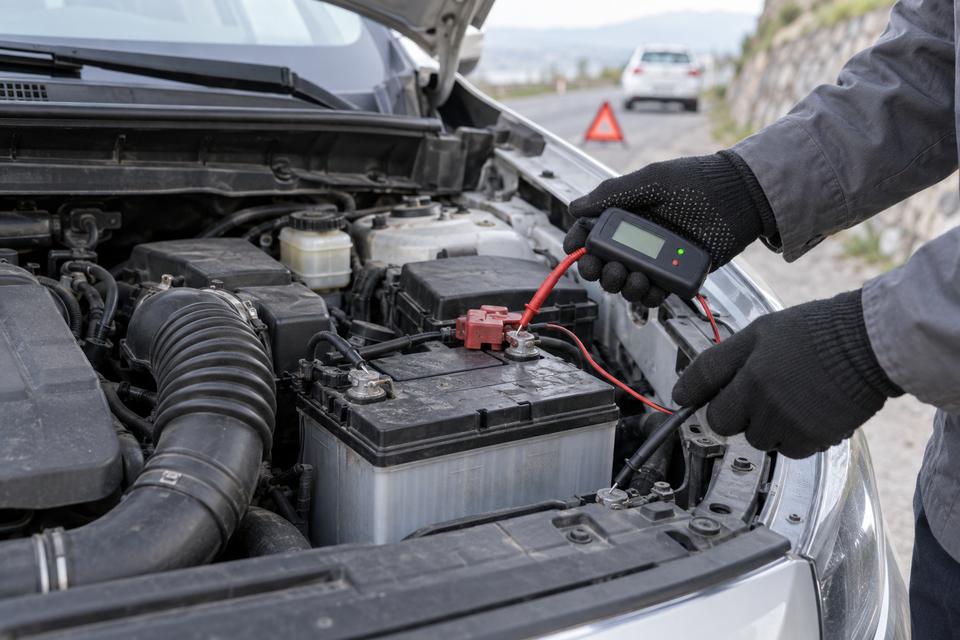 En bils 12-voltsbatteri undersøges i et åbent motorrum